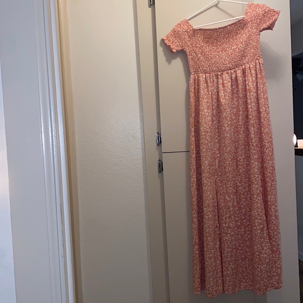 Peachy/coral pink long off shoulder dress with slit